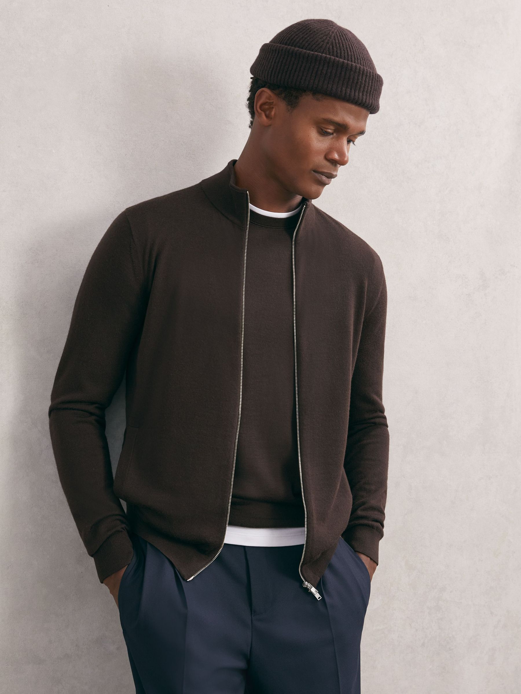 Merino Wool Zip-Through Cardigan in Chocolate Brown (H80559) | ‏715 د.إ.‏