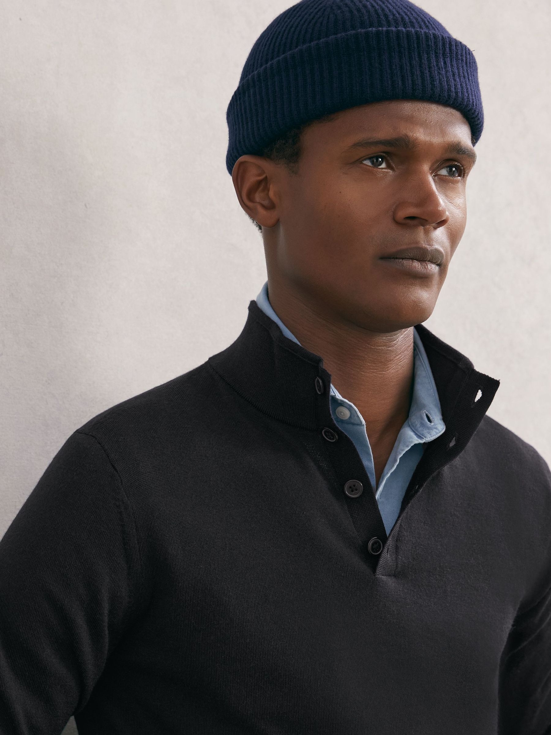 Merino Wool Half-Button Funnel Jumper in Navy (H80560) | SGD 200