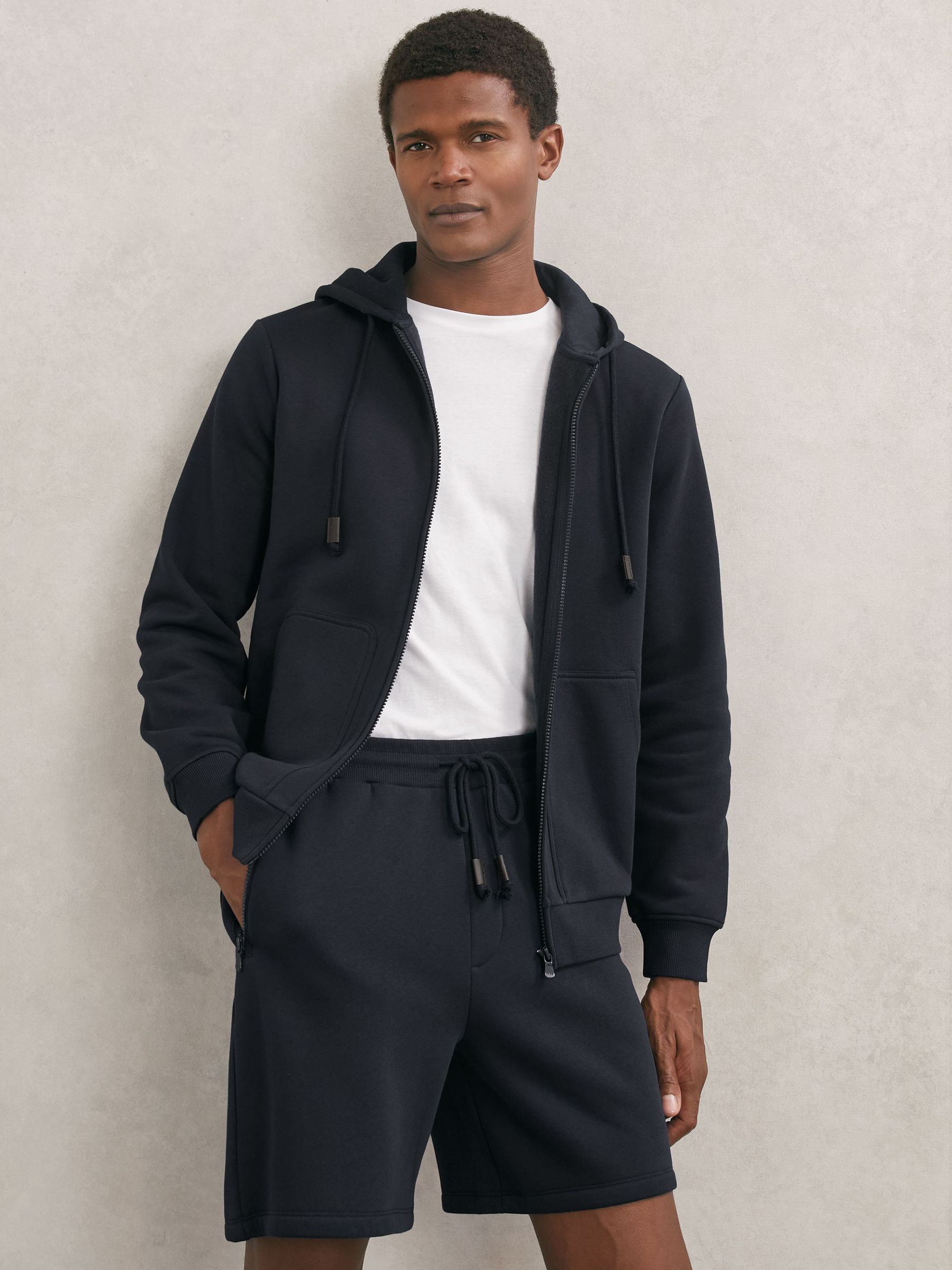 Cotton-Blend Drawstring Shorts in Navy (H80561) | $135