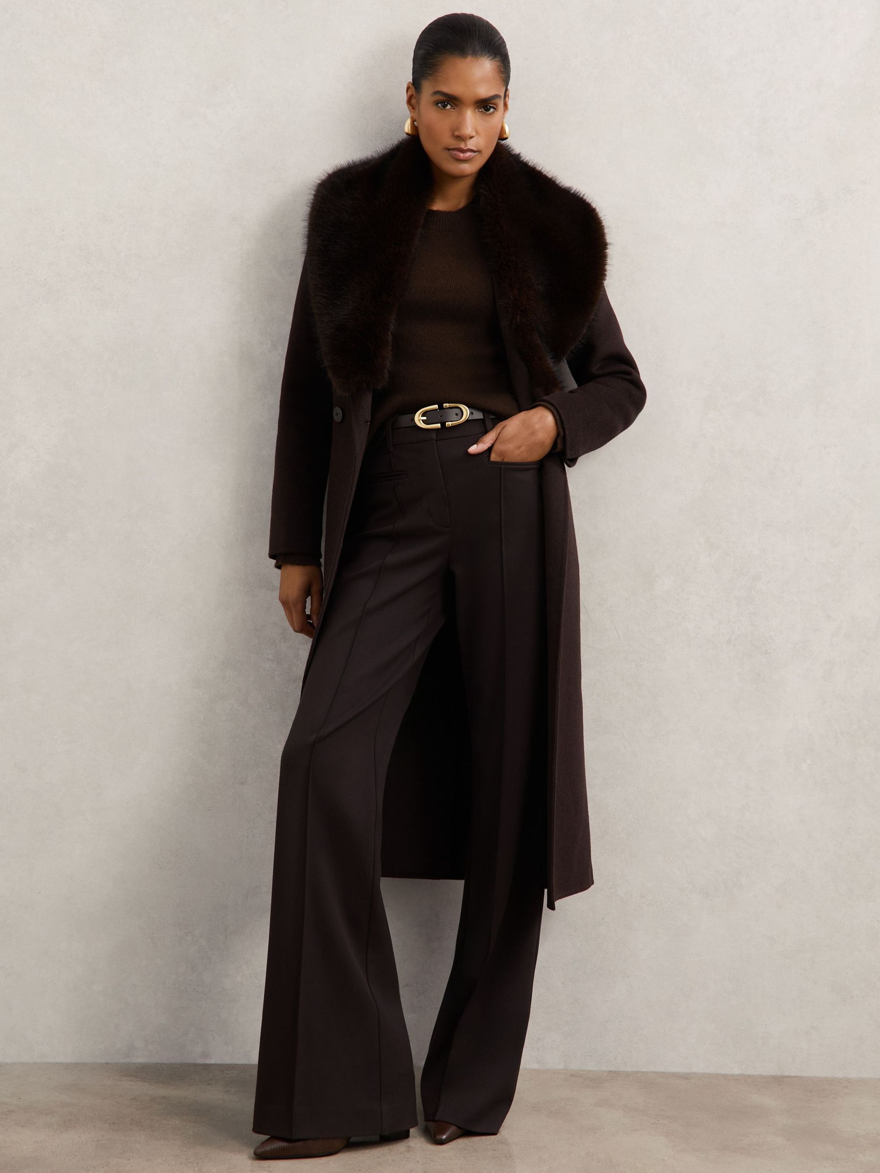 Faux-Fur Collar Blindseam Coat Wool-Blend in Chocolate Brown (H82404) | $680