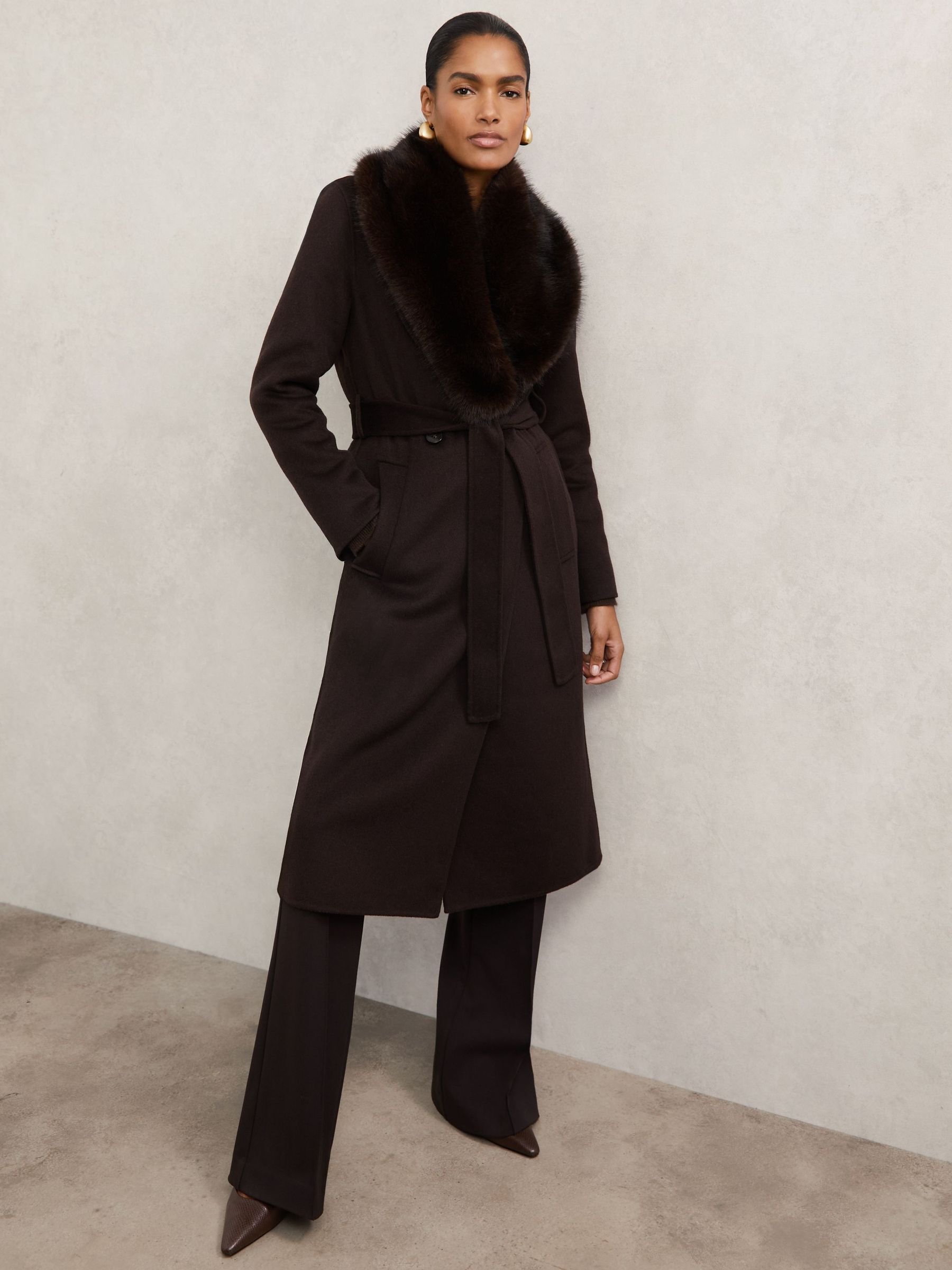 Petite Faux-Fur Collar Blindseam Coat Wool-Blend in Chocolate Brown (H82410) | $680