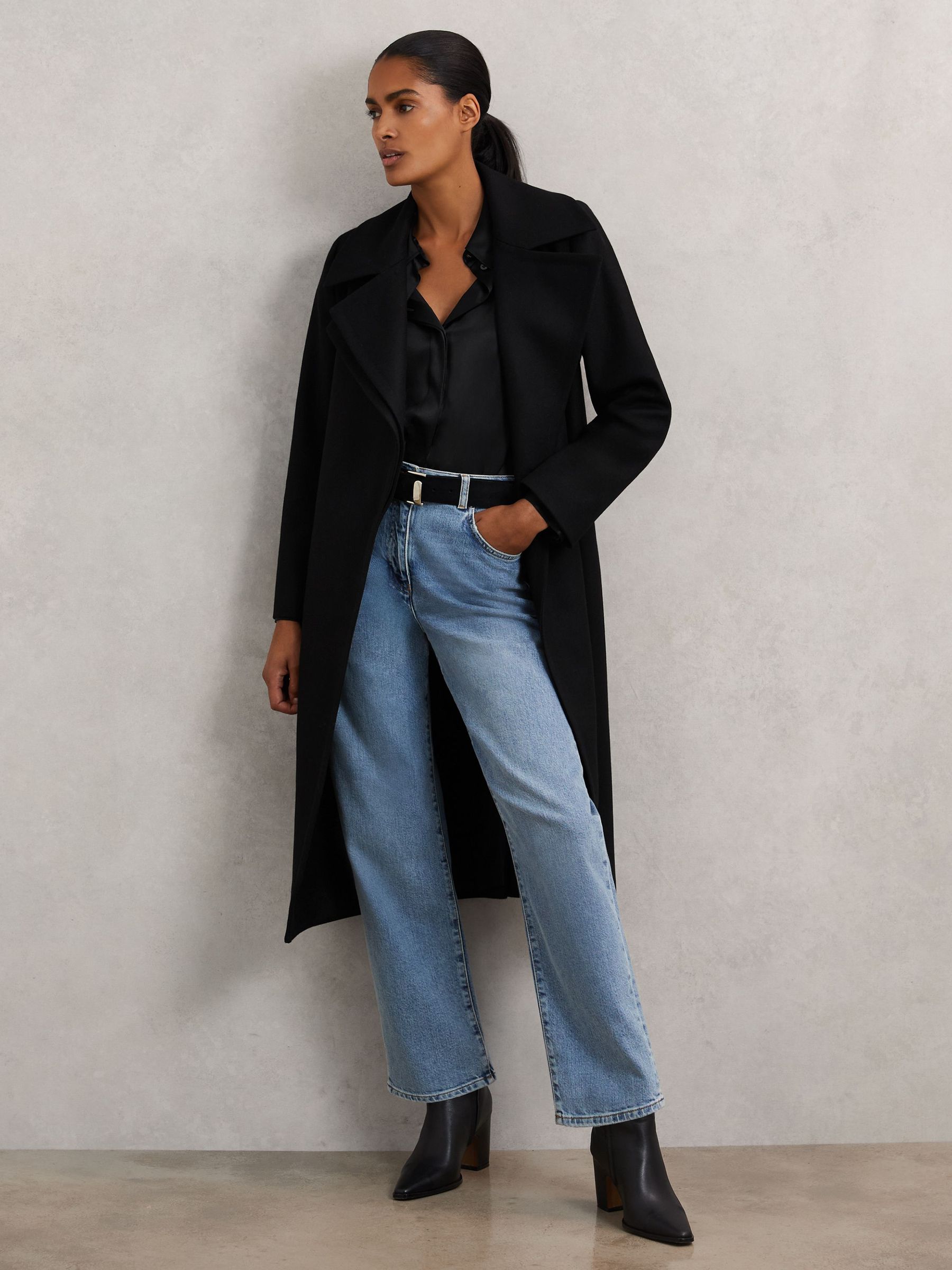 Petite Wool-Blend Double-Lapel Belted Coat With Cashmere in Black (H82413) | AED2,300
