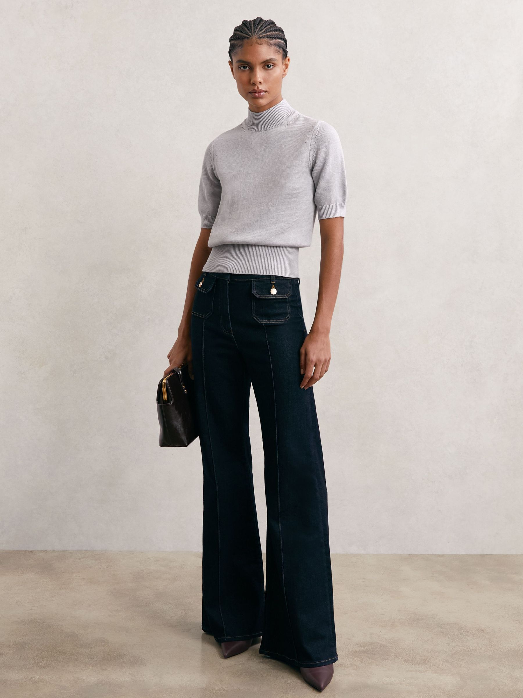 Cotton and Wool Funnel-Neck Knit Top in Grey (H82419) | kr1 310