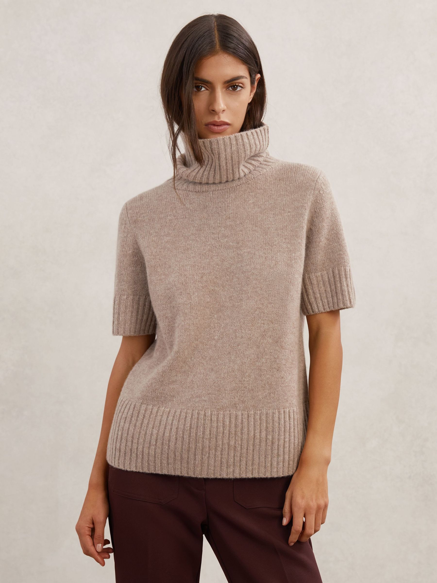 Cashmere Short-Sleeve Roll-Neck Jumper in Oatmeal Neutral (H82420) | $345