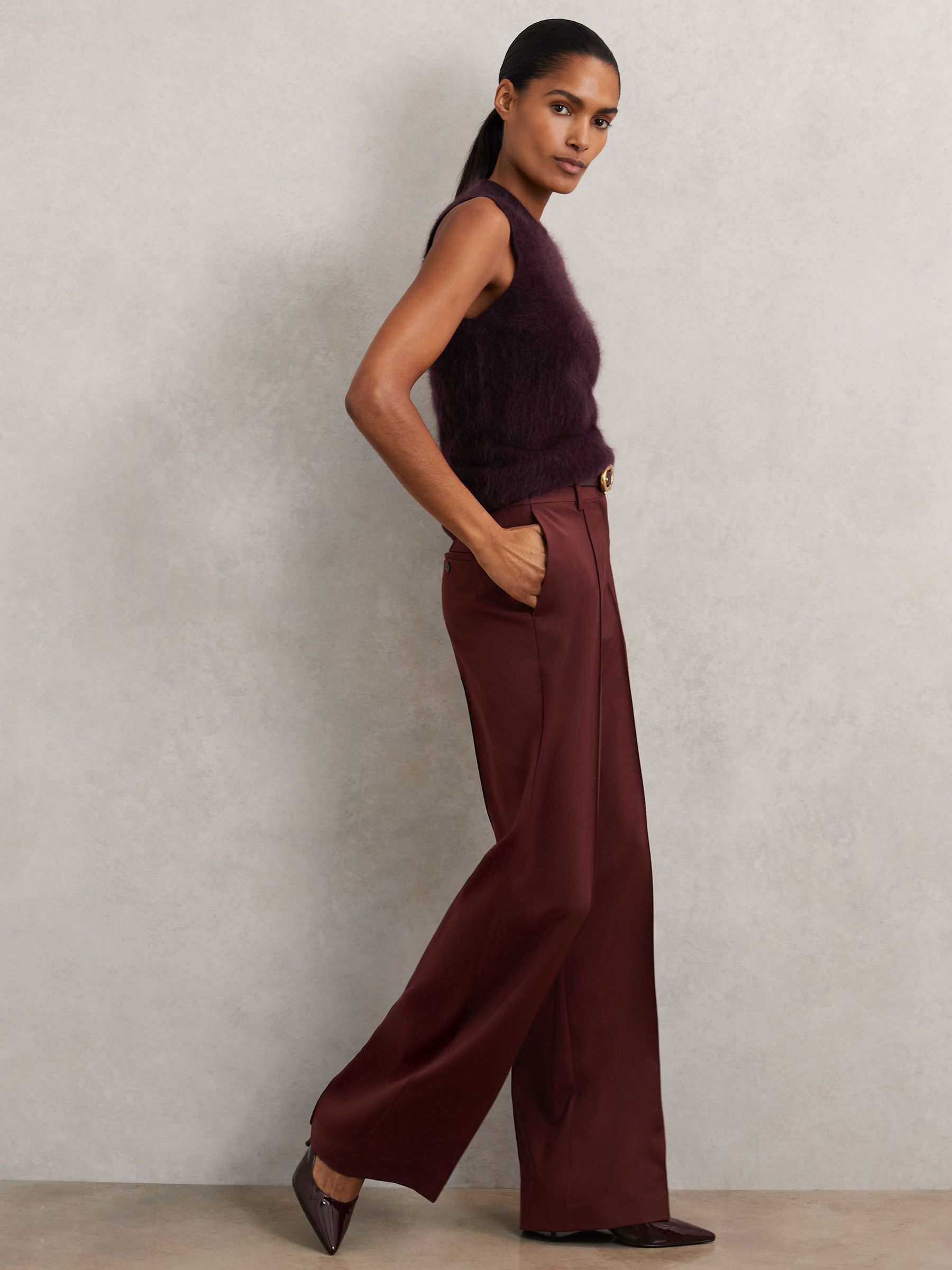 Wide-Leg Pintuck Trousers in Burgundy (H82436) | 925 QAR