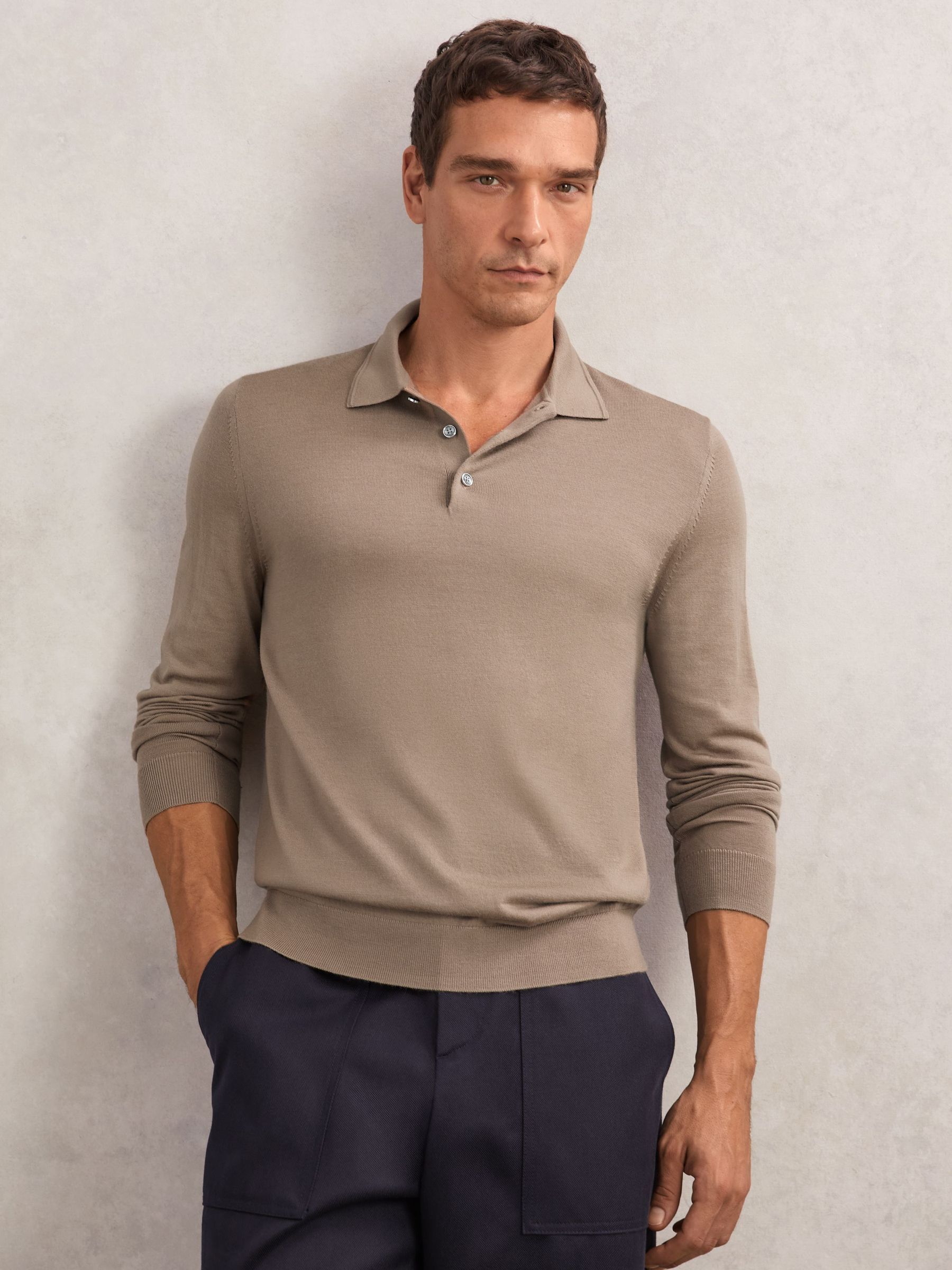 Merino Wool Polo Shirt in Camel Brown (H83812) | $170