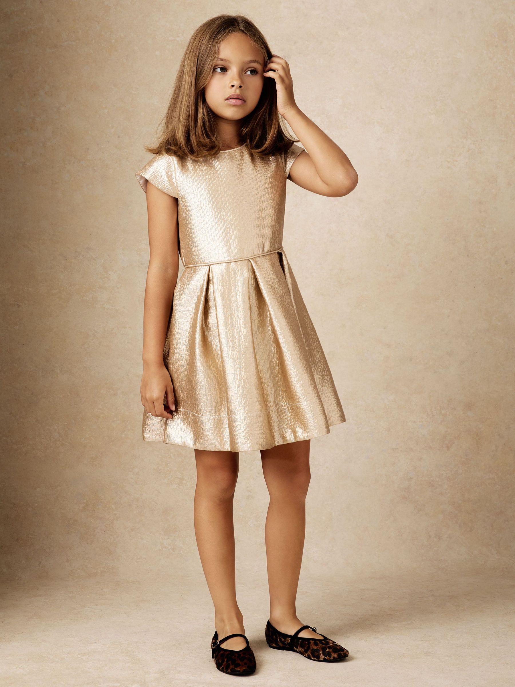 9-13 yrs Textured Metallic Pleated Dress in Gold (H83822) | €85