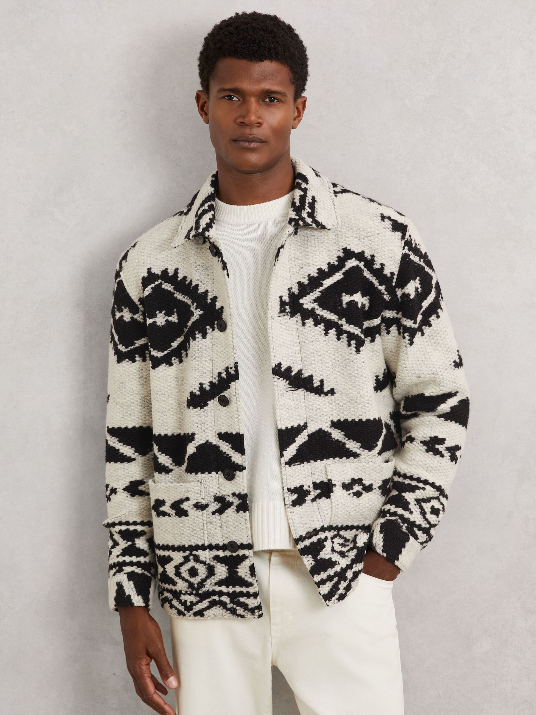 Fair Isle Jacquard Overshirt with Wool in Off White/Black (H83831) | $405