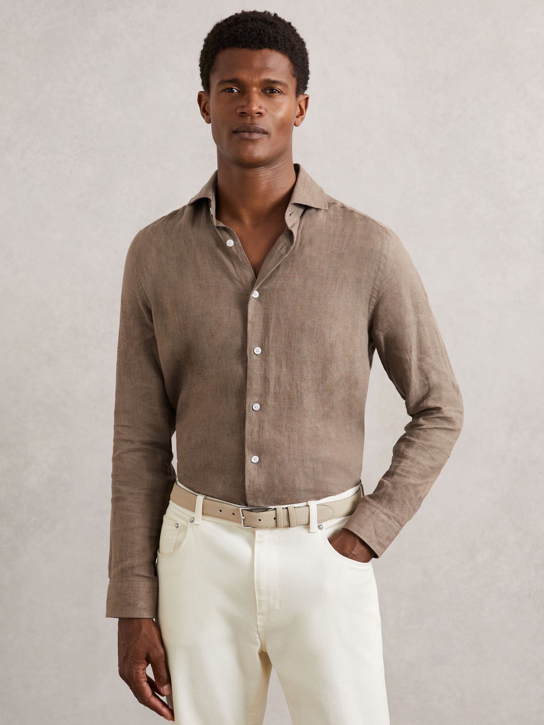 Linen Striped Cutaway-Collar Shirt in Light Taupe Brown (H86644) | CA$190