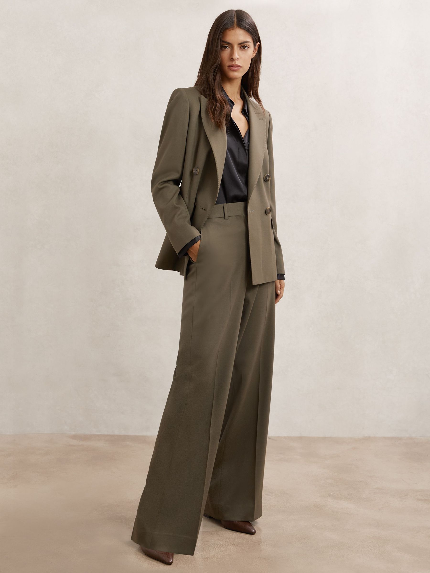 Wool-Blend Wide-Leg Suit Trousers in Green (H86652) | $295