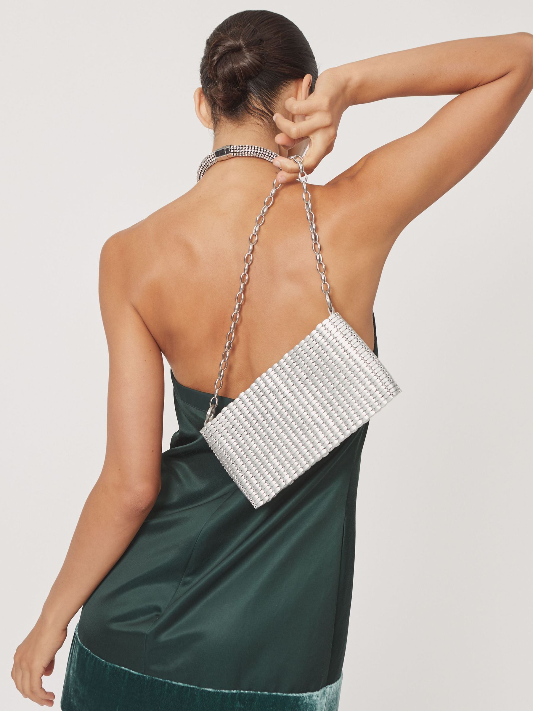 Beaded Removable Strap Shoulder Bag in Silver (H86828) | $250