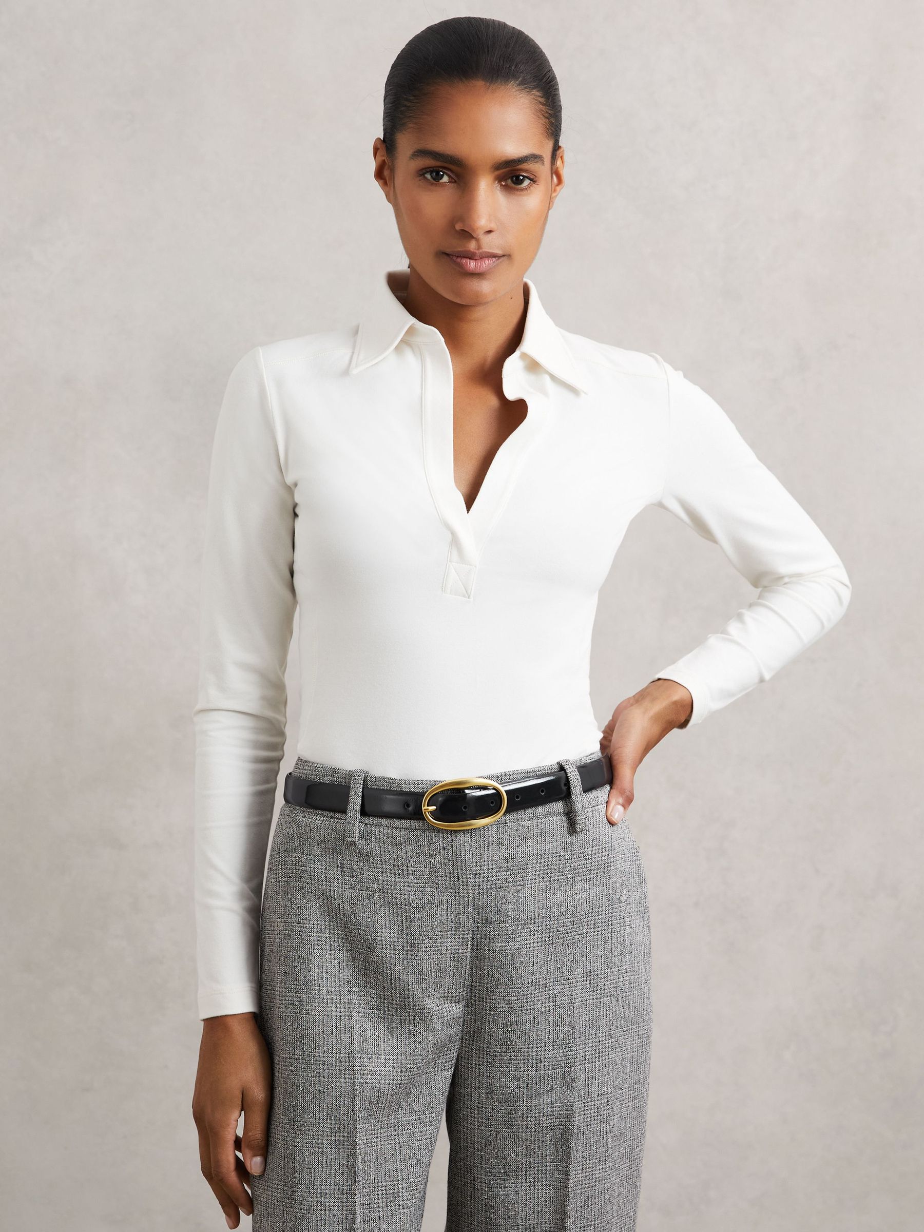 Stretch-Cotton Open-Collar Shirt in Ivory (H87465) | 370 QAR