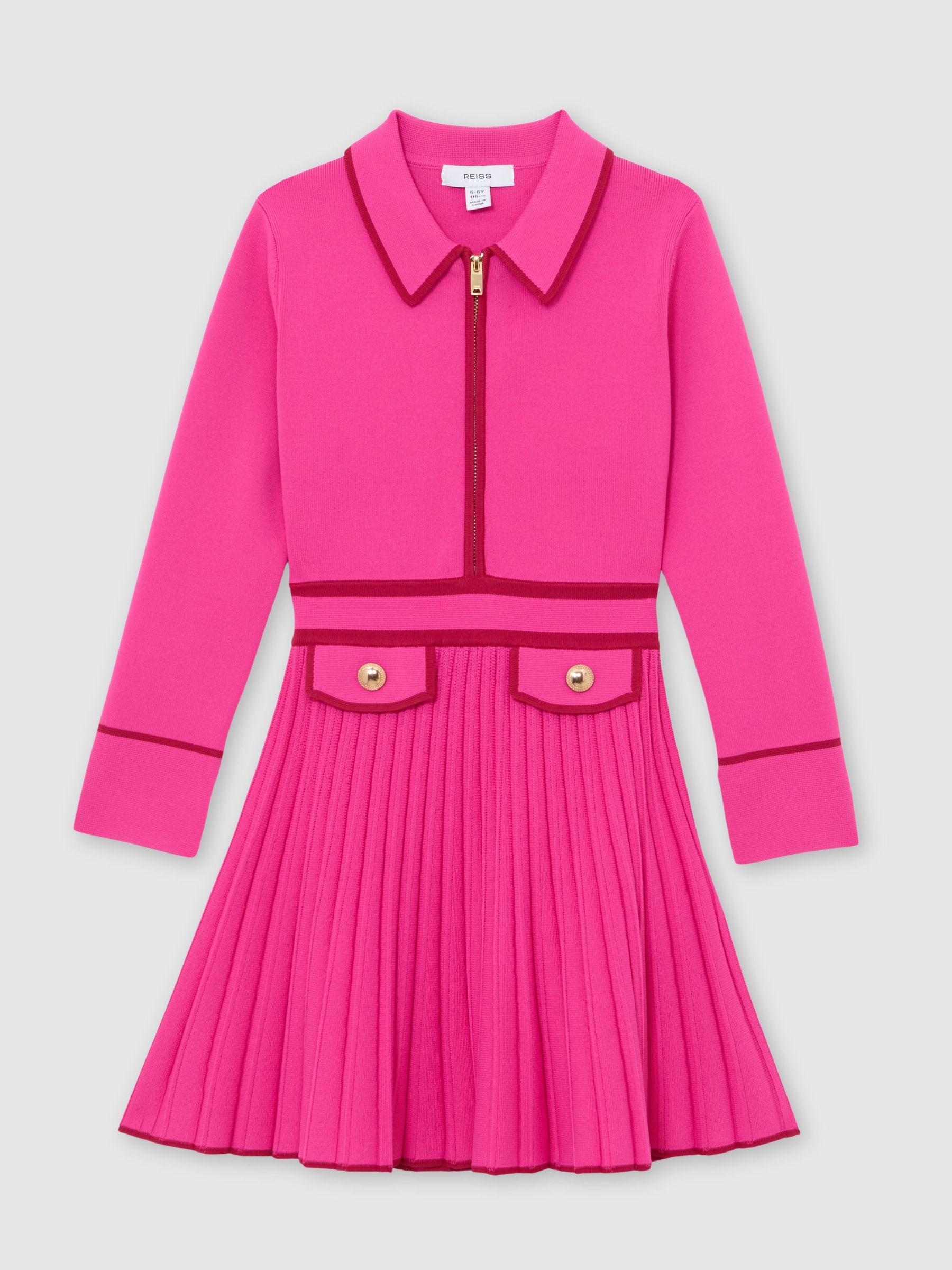 13-14 yrs Pleated Tipped Knit Dress in Bright Pink (H89103) | $190