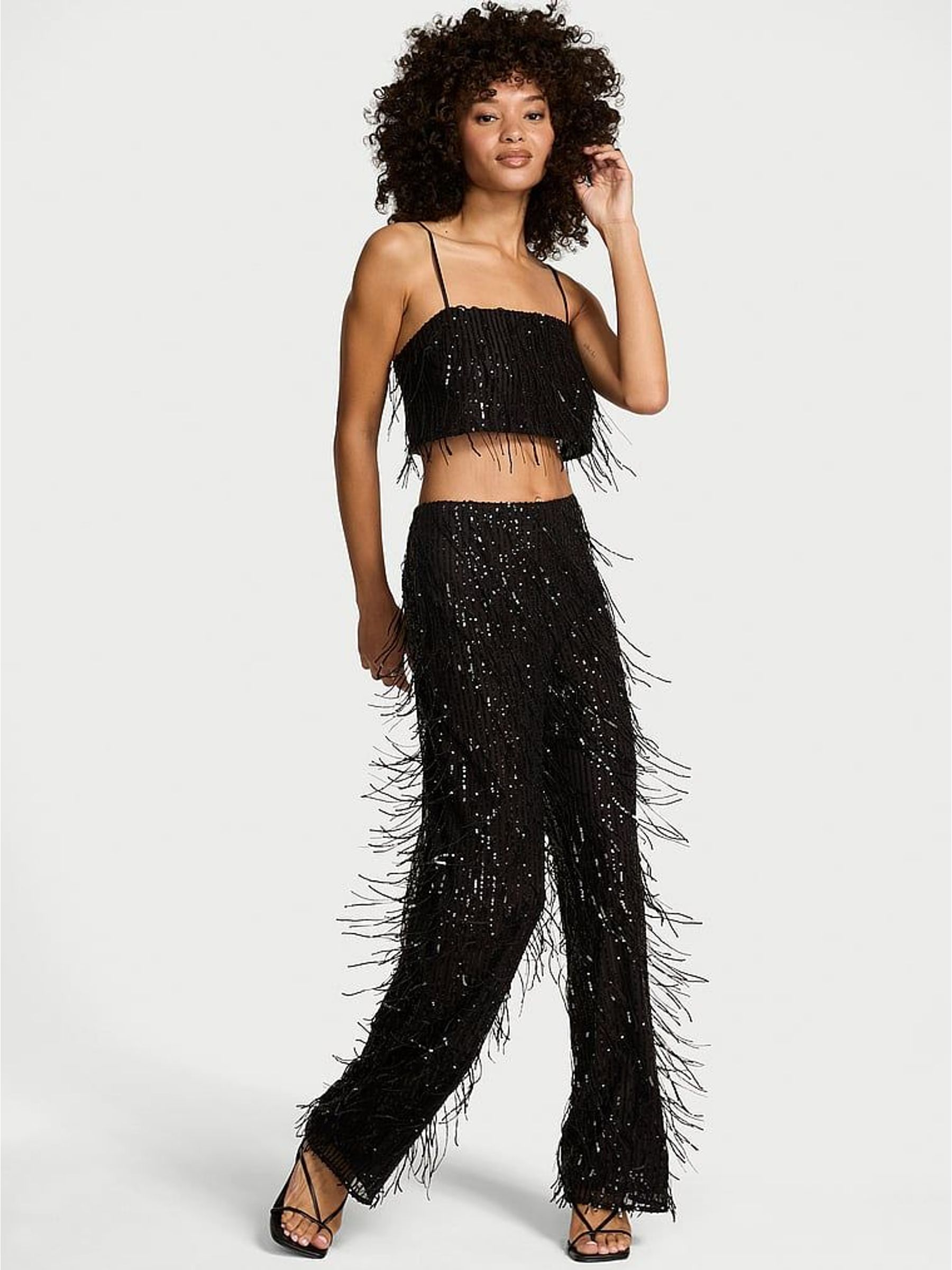 Black Sequin Fringe Crop Top & Trousers Set (H89231) | €287