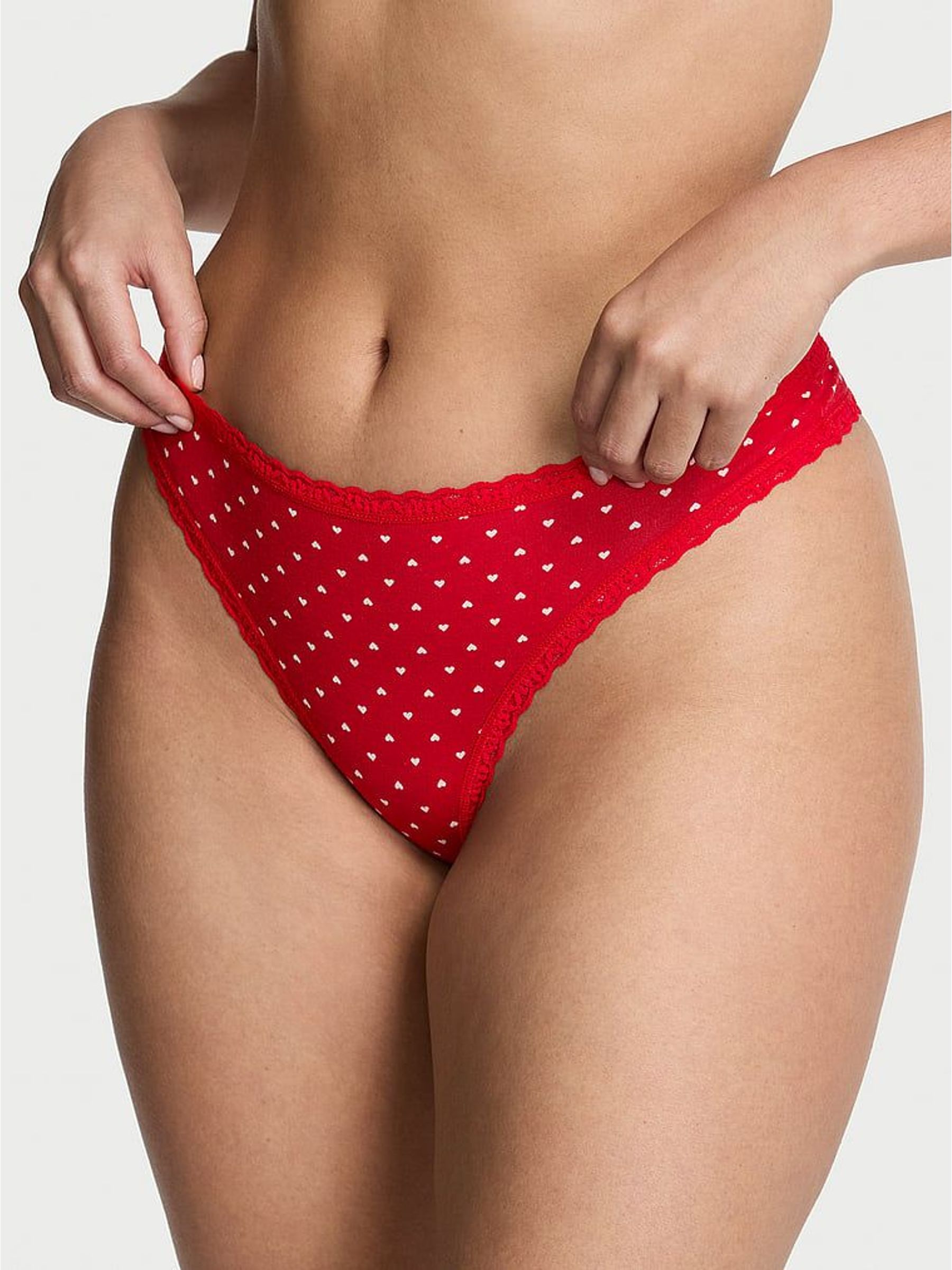 Lipstick Red Hearts Thong Cotton Lace Trim Knickers (H89395) | €13