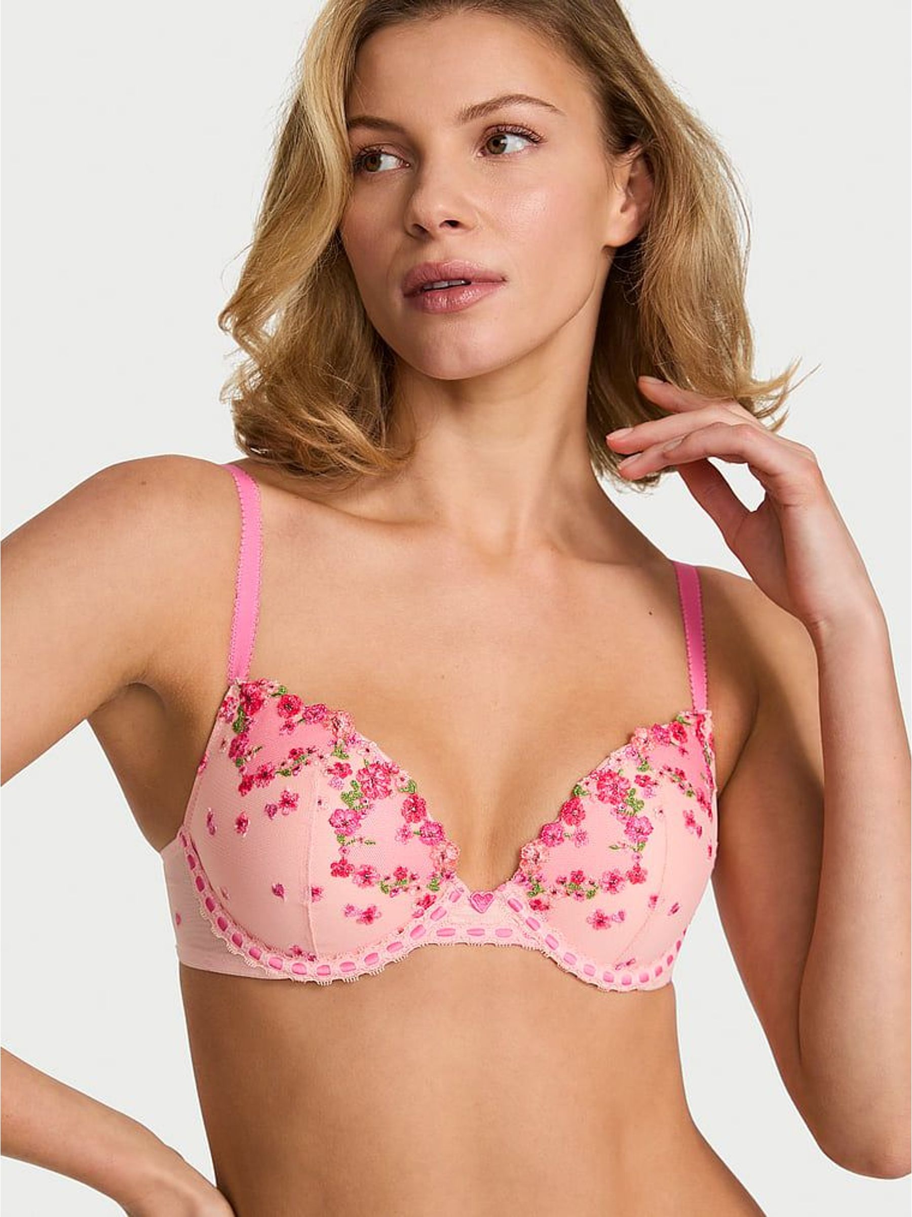 Hearts and Roses Pink Push Up Embroidered Bra (H91919) | €87