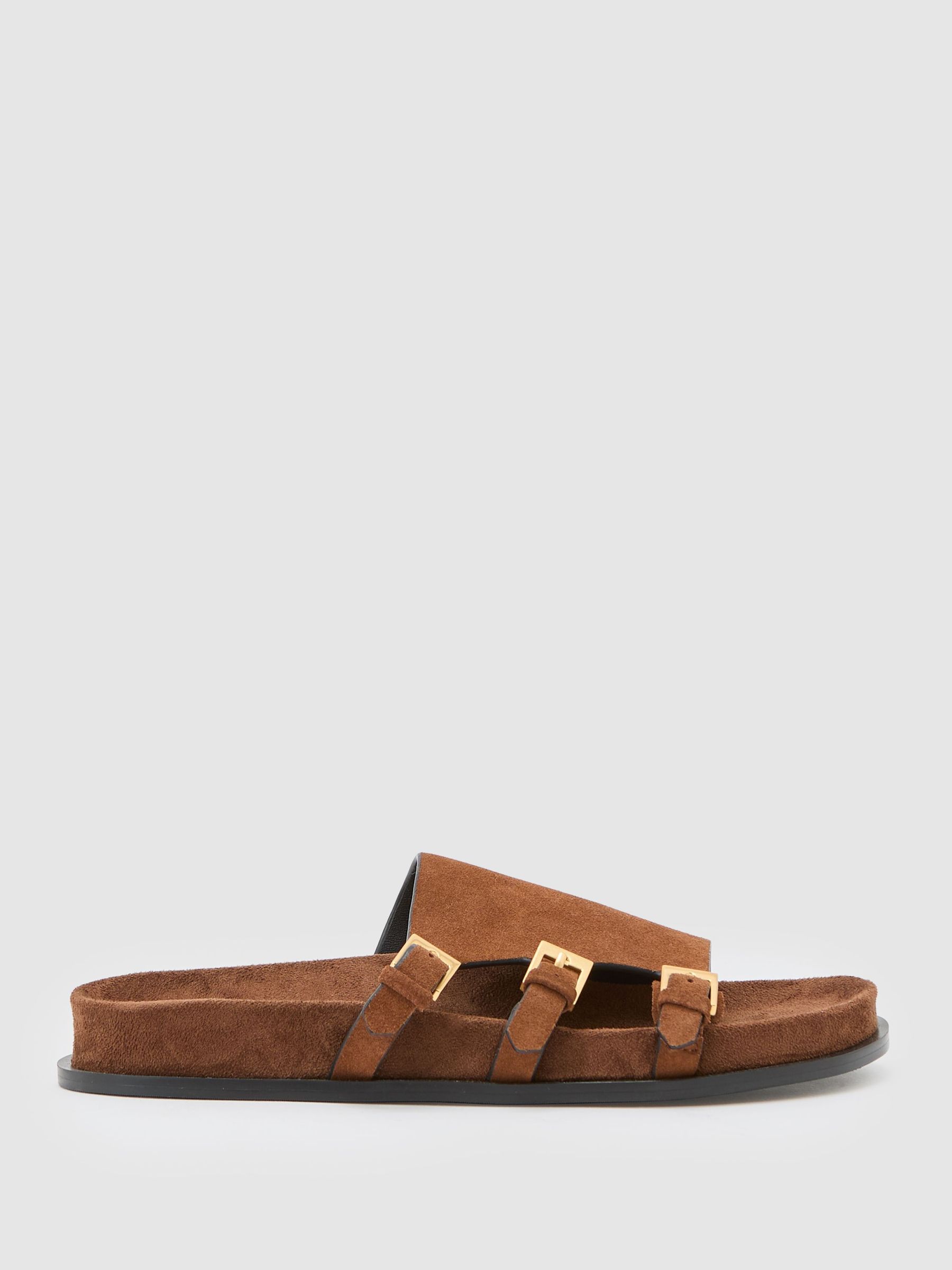 Suede Buckle-Strap Slip-On Sandals in Tan (H93761) | $275