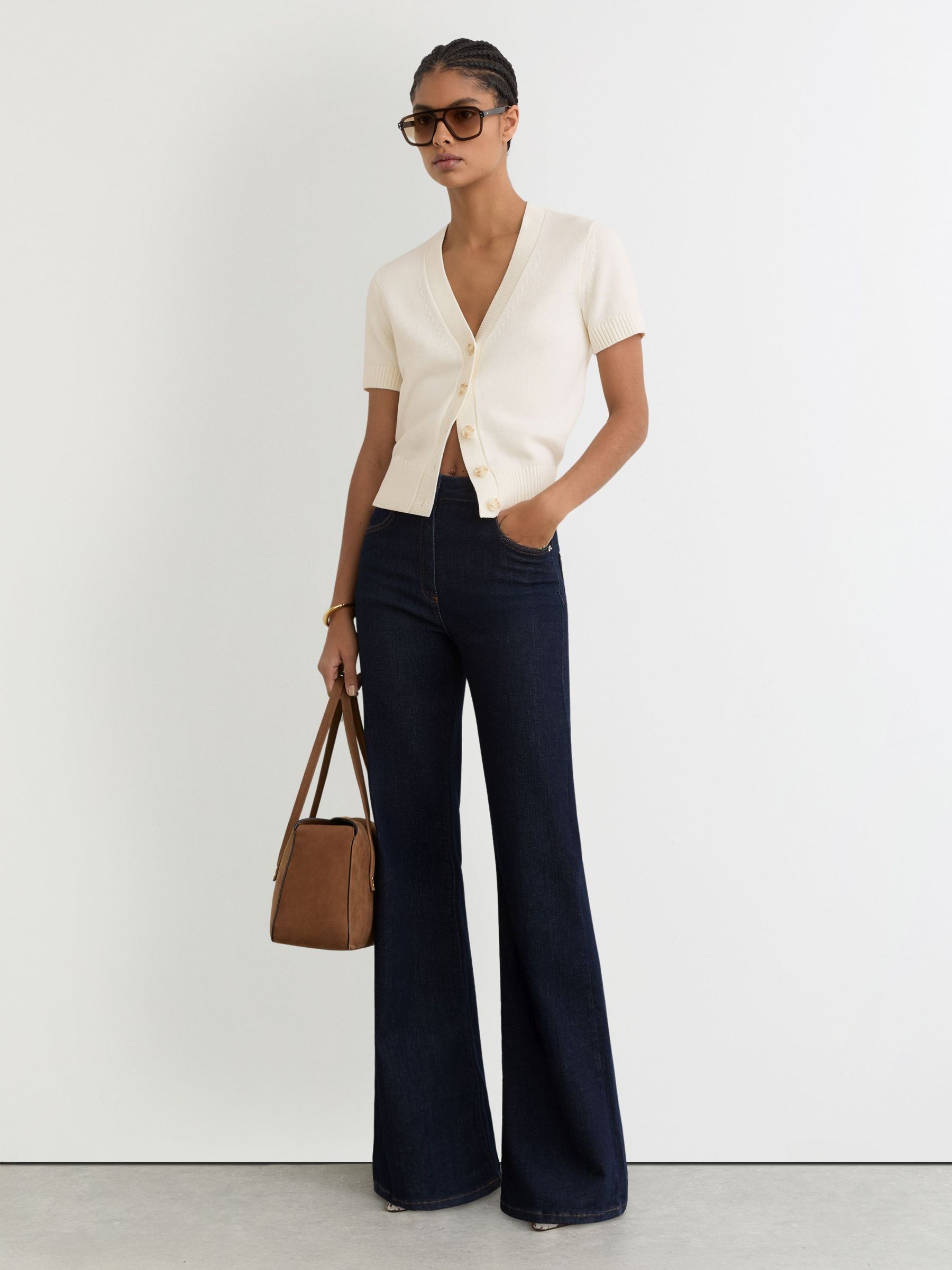 Reiss Anya V-Neck Short-Sleeve Cardigan Cotton-Wool (H94324) | ‏525 ر.س.‏