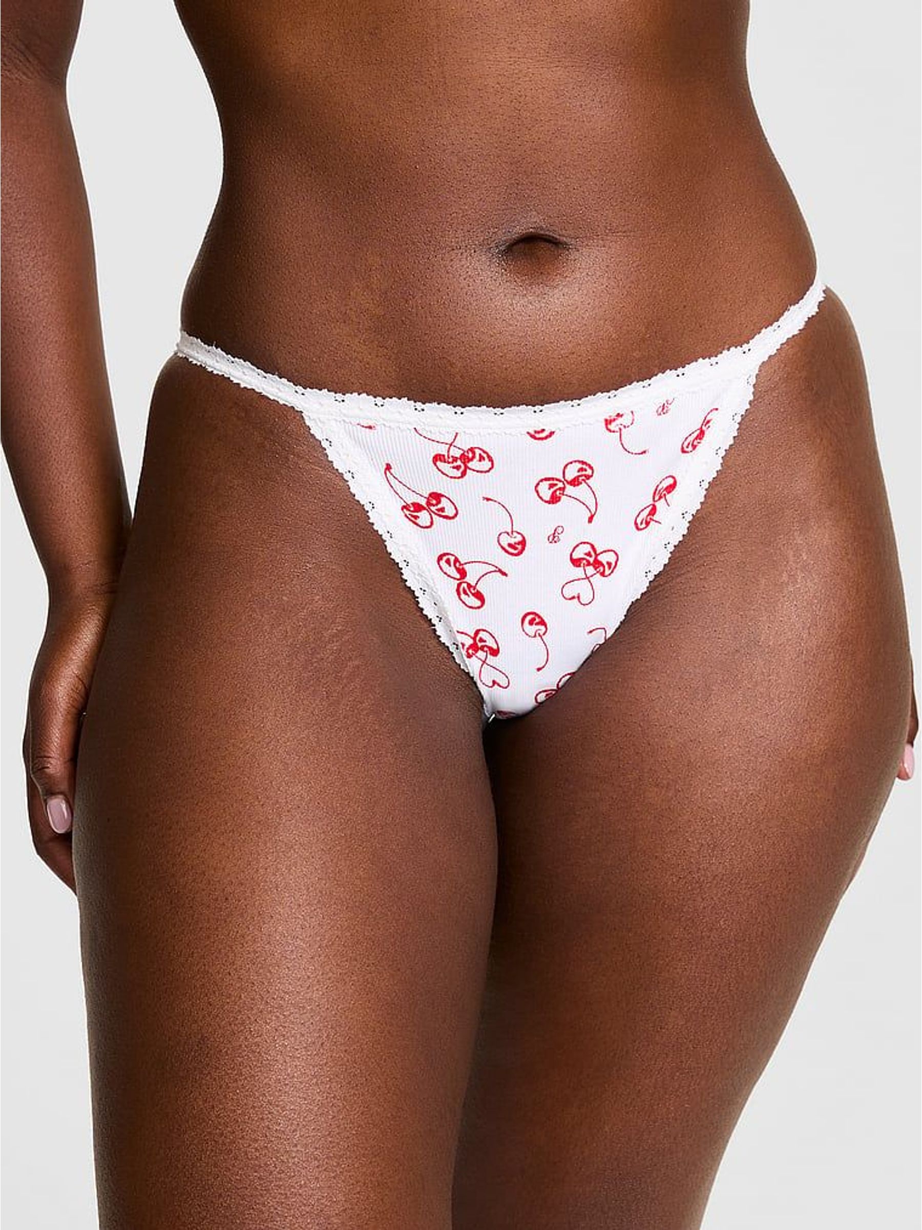 White Cherry Print Bikini Lace Trim Rib Knickers (H95295) | €13