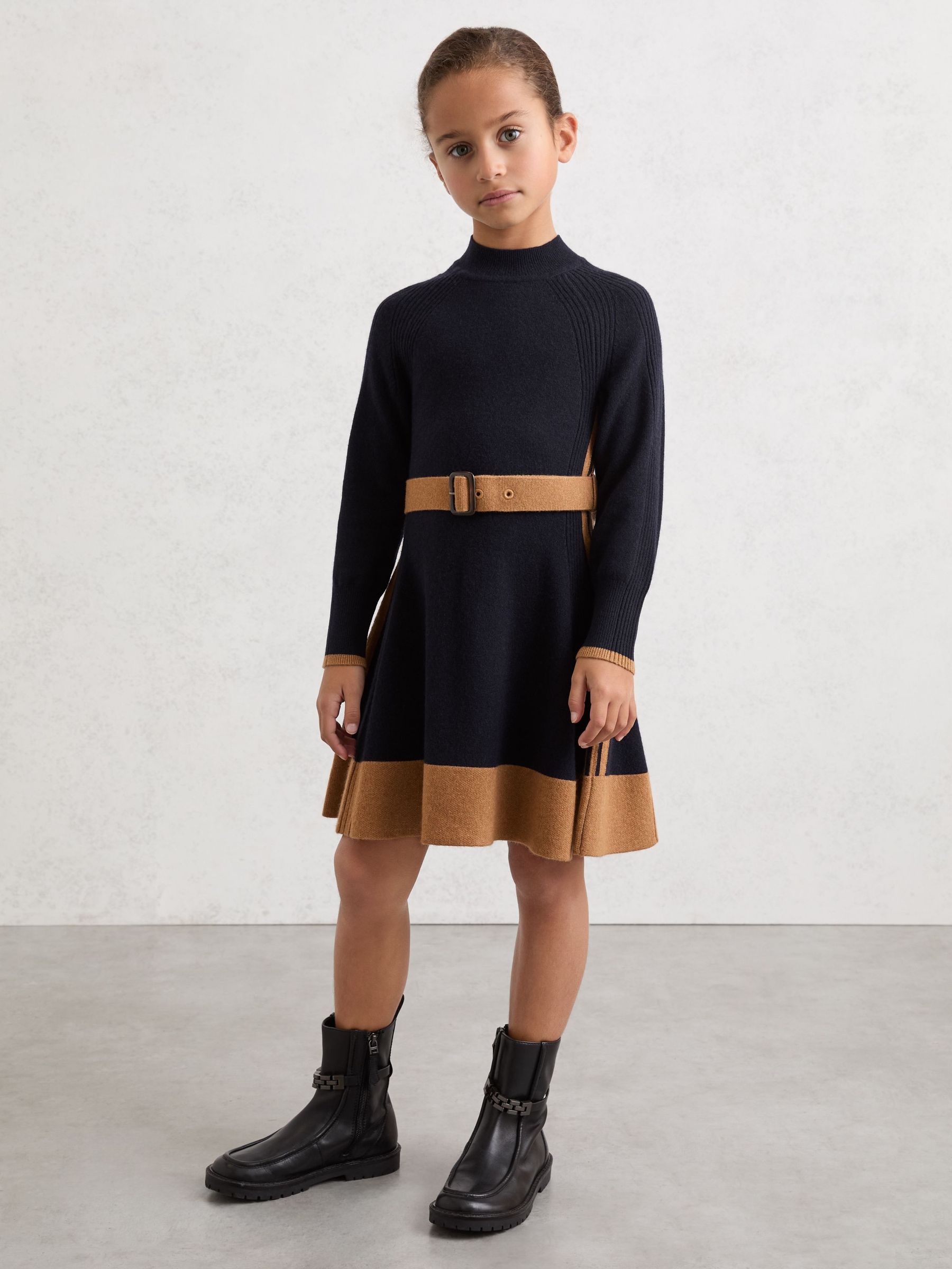 9-13 yrs Wool-Blend Belted Knitted Dress with Cashmere in Navy (H99977) | $135