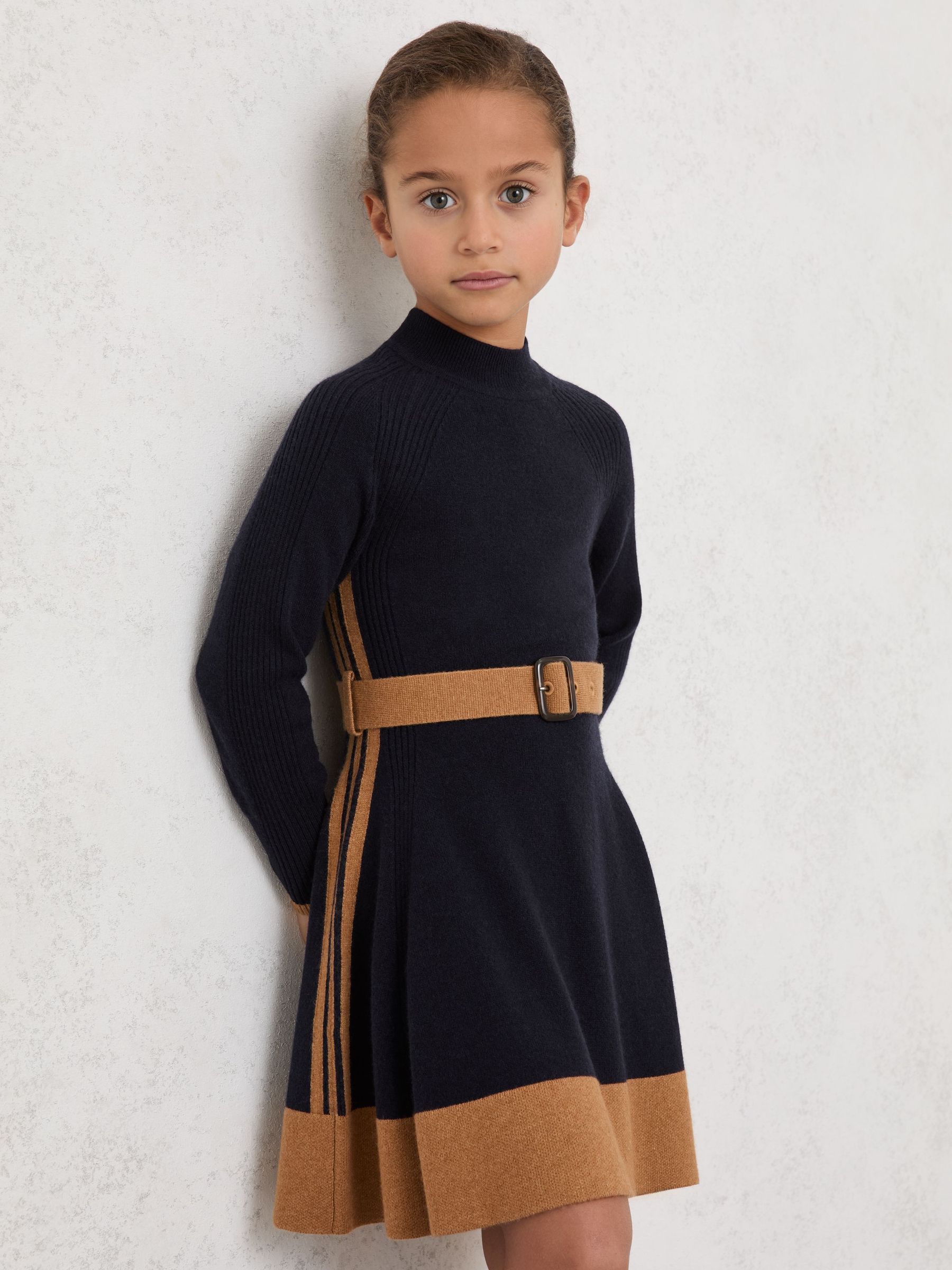 3-9 yrs Wool-Blend Belted Knitted Dress with Cashmere in Navy (H99998) | $120