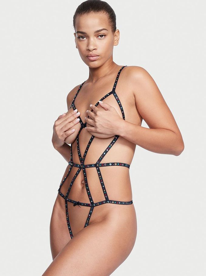 Noir Navy Blue Bejeweled Strappy Bodysuit (K04941) | €33