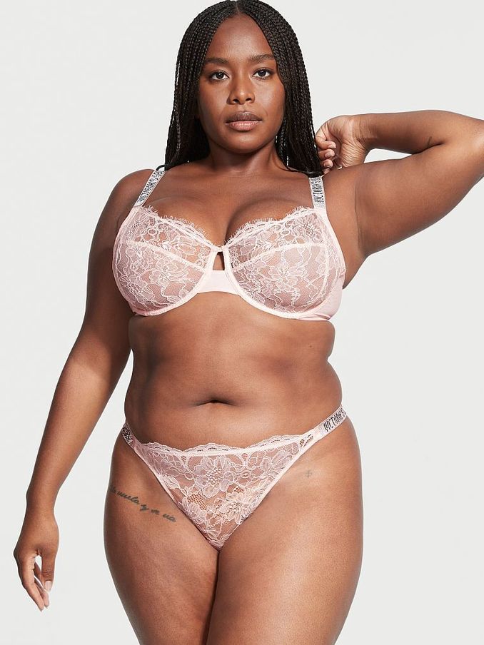 Purest Pink Lace Thong Shine Strap Knickers (K07097) | €11