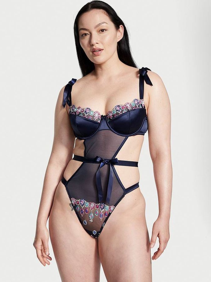 Noir Navy Blue Wicked Bejeweled Embroidery Bodysuit (K07191) | €34