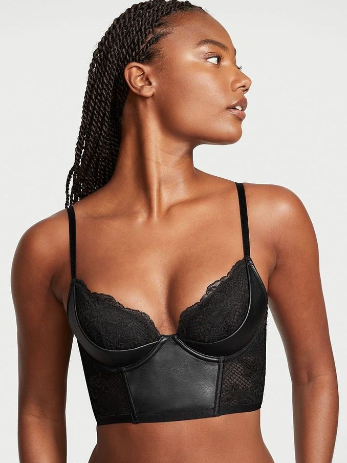 Black Faux Leather Fishnet Quarter Cup Bra Top (K13493) | €33