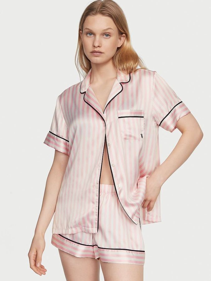 Pink Iconic Stripe Satin Short Pyjama Set (K14996) | €75