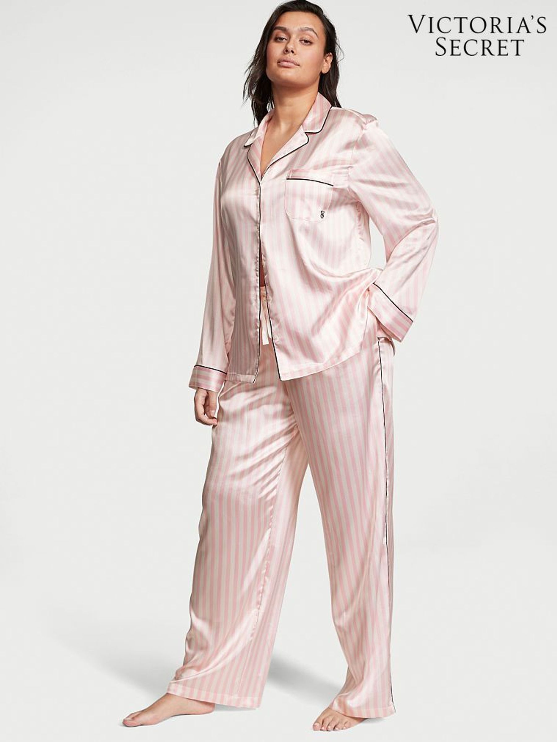 Pink Iconic Stripe Satin Long Pyjama Set (K14999) | €79