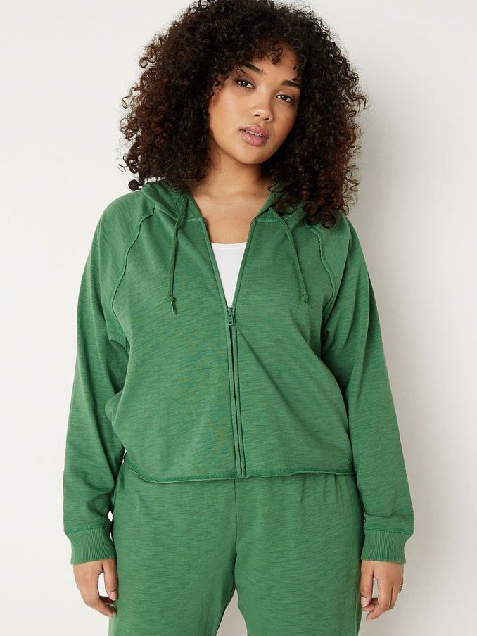 Forest Pine Green Cotton Slub Crop Cut Off Full Zip Hoodie (K27785) | €20