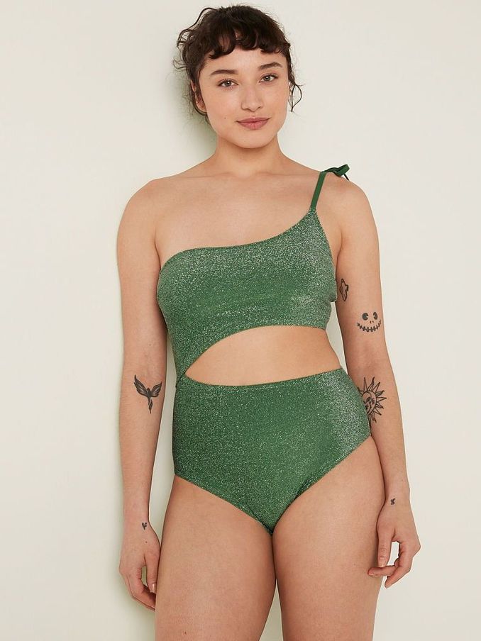 Forest Pine Green Shimmer One Shoulder OnePiece Swimsuit (K28575) | €22