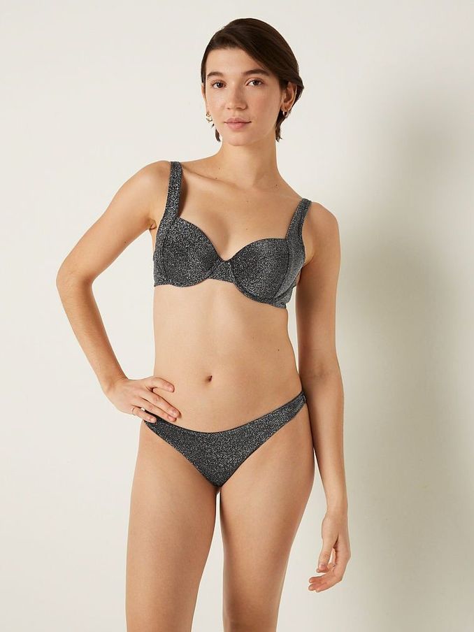 Pure Black Cheeky Shimmer High Waist Cheeky Bikini Bottom (K28590) | €22
