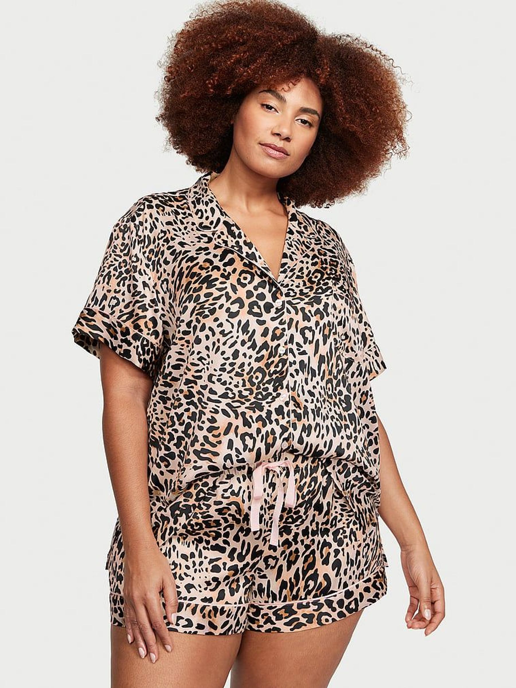 Wavy Leopard Brown Satin Short Pyjama Set (K31632) | €75