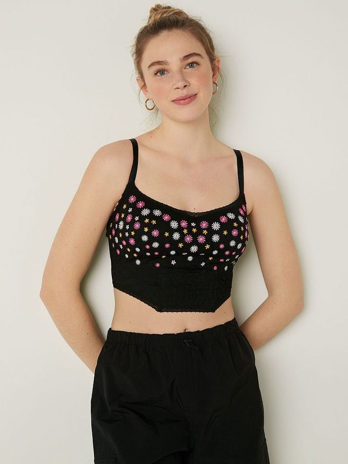 Pure Black Floral Embroidery Lace Lightly Lined Corset Bra Top (K39079) | €15