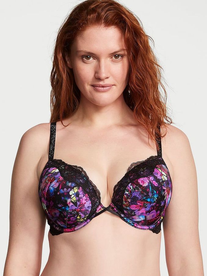 Moody Floral Black Lace Shine Strap Add 2 Cups Push Up Bombshell Bra (K43393) | €33