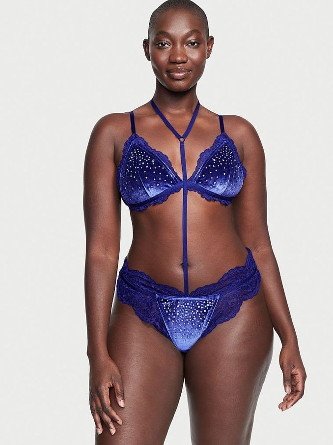 Night Ocean Blue Embellished Velvet Bodysuit (K45749) | €39