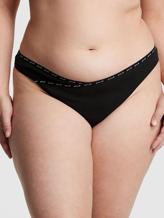 Pure Black Rib Logo Cotton Thong Knickers (K51374) | €4