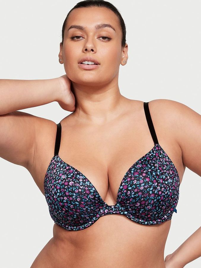 Black Ditsy Floral Print Push Up Bra (K53036) | €15