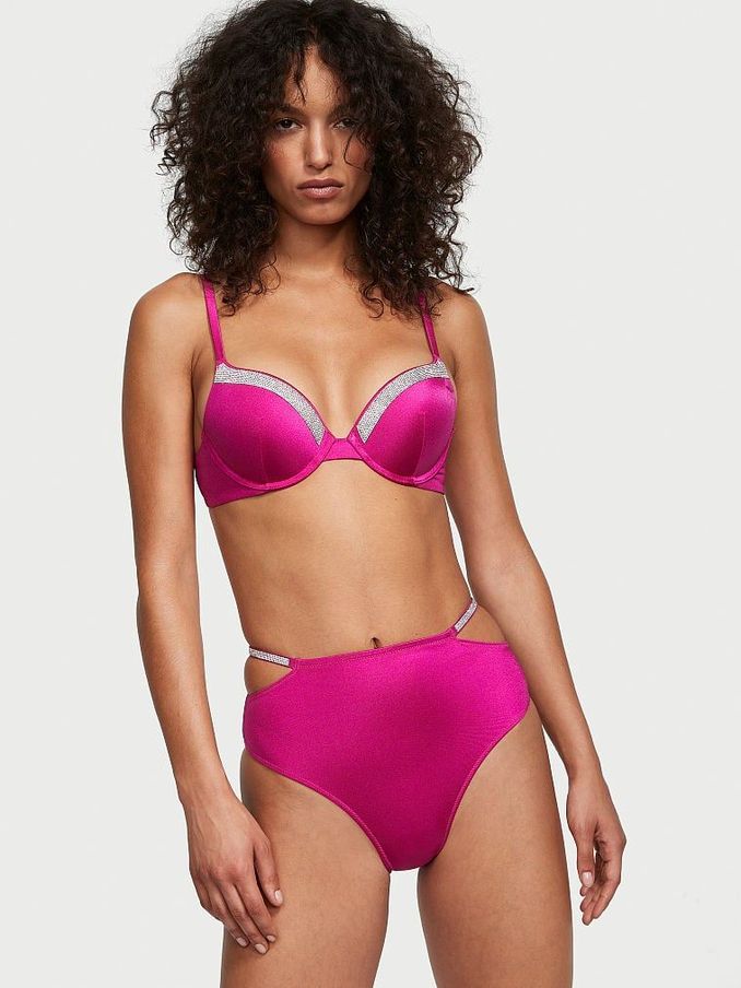 Berry Blush Pink High Waisted Shine Strap Swim Bikini Bottom (K67654) | €15