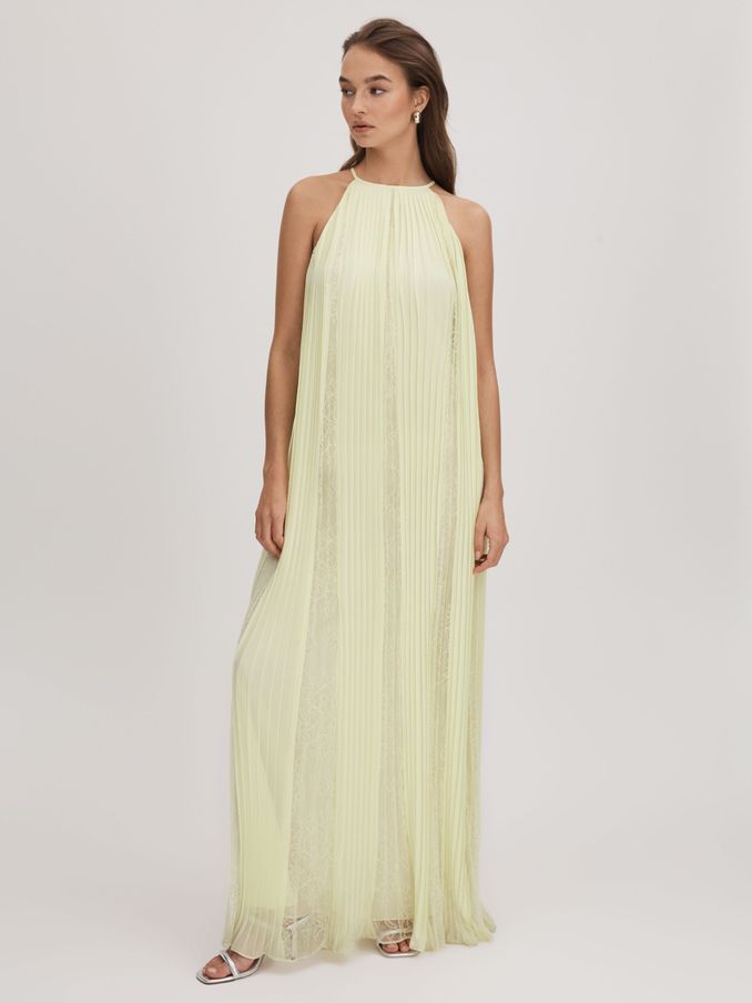 Florere Lace Pleated Maxi Dress in Pale Green (K72498) | US$119