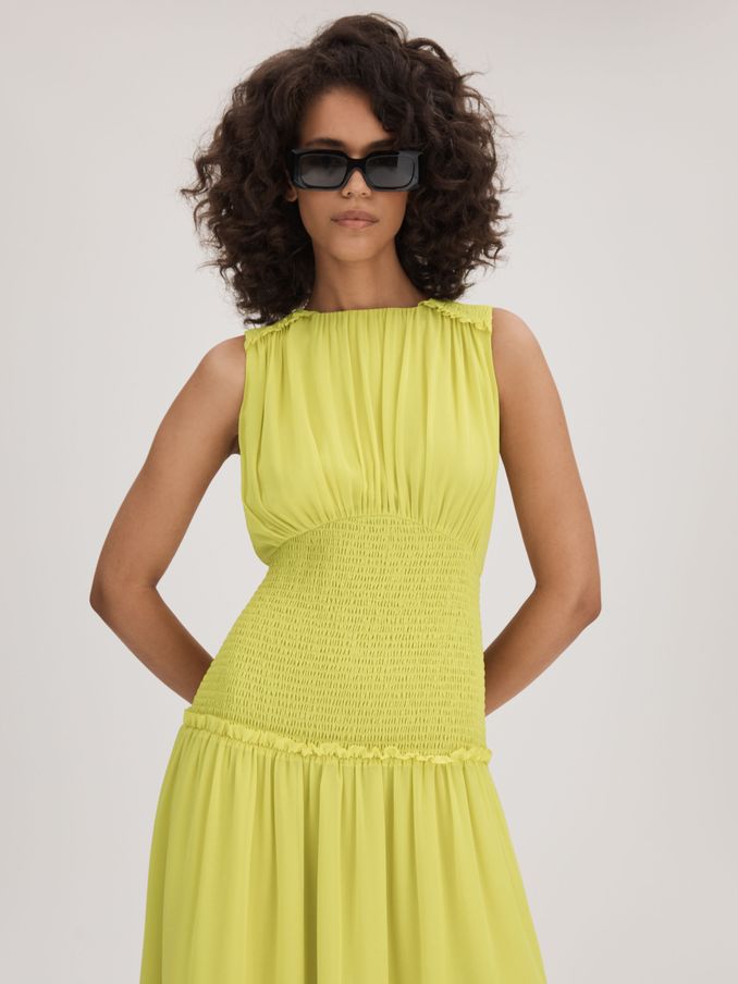 Florere Smocked Waist Midi Dress in Lime (K72503) | US$86