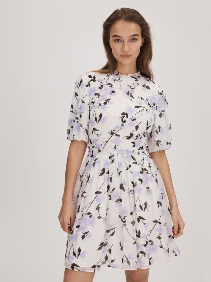 Florere Printed Puff Sleeve Mini Dress in Lilac (K72504) | US$114