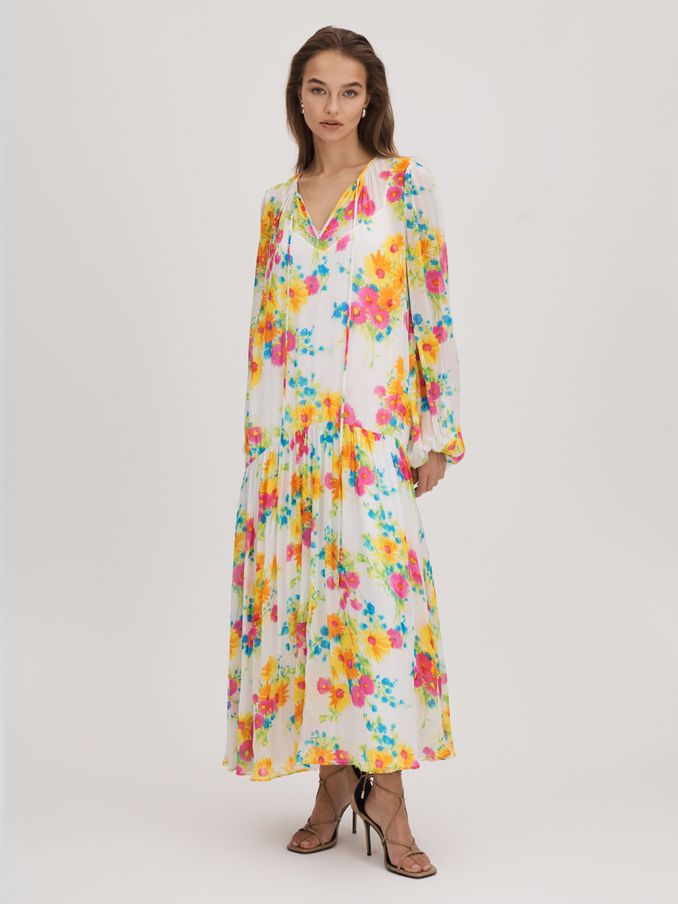 Florere Printed Tie Neck Midi Dress in Ivory/Multi (K72508) | US$135