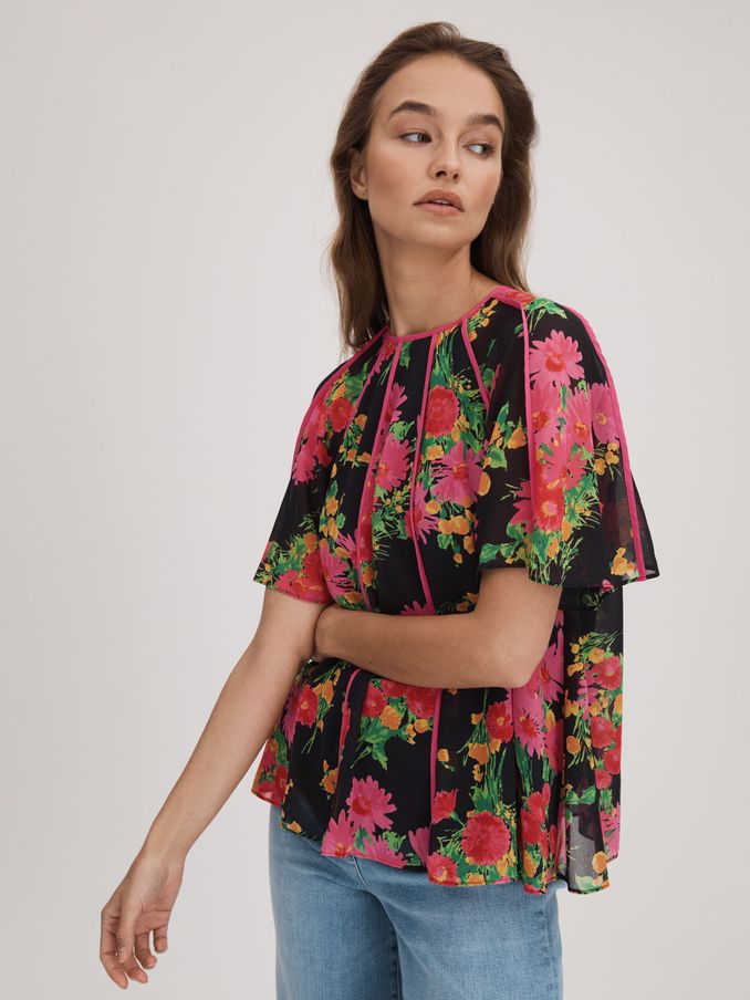 Florere Printed Flare Sleeve Blouse in Pink/Black (K72510) | US$62
