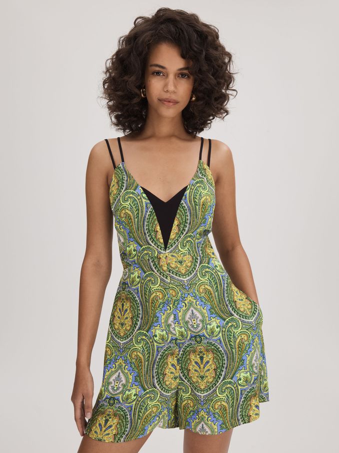 Florere Printed Dual Strap Playsuit in Lime/Green (K72511) | US$71