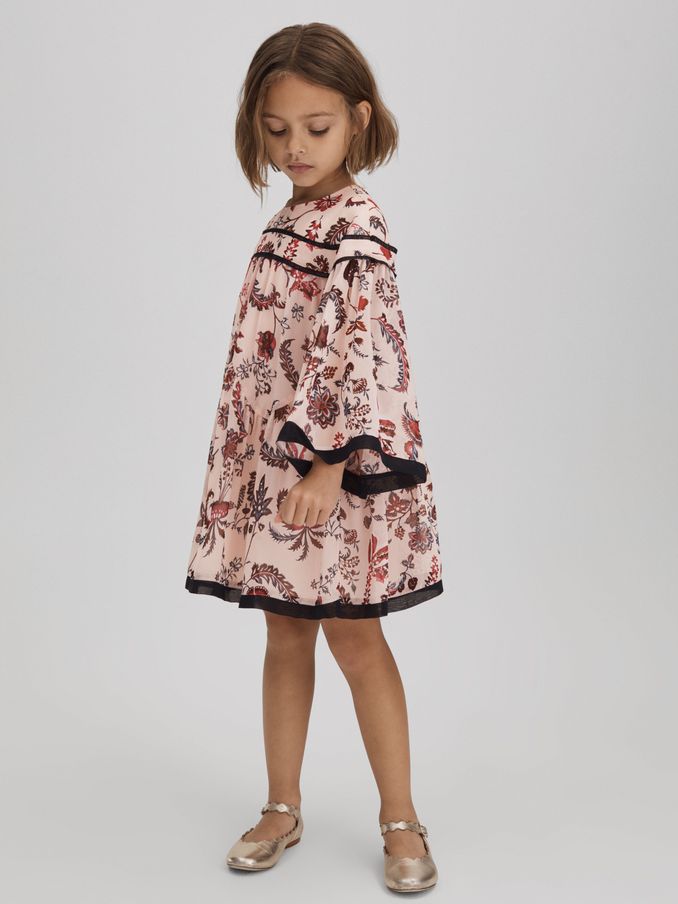 9-13 yrs Printed Bell Sleeve Tiered Dress in Pink (K72513) | €48