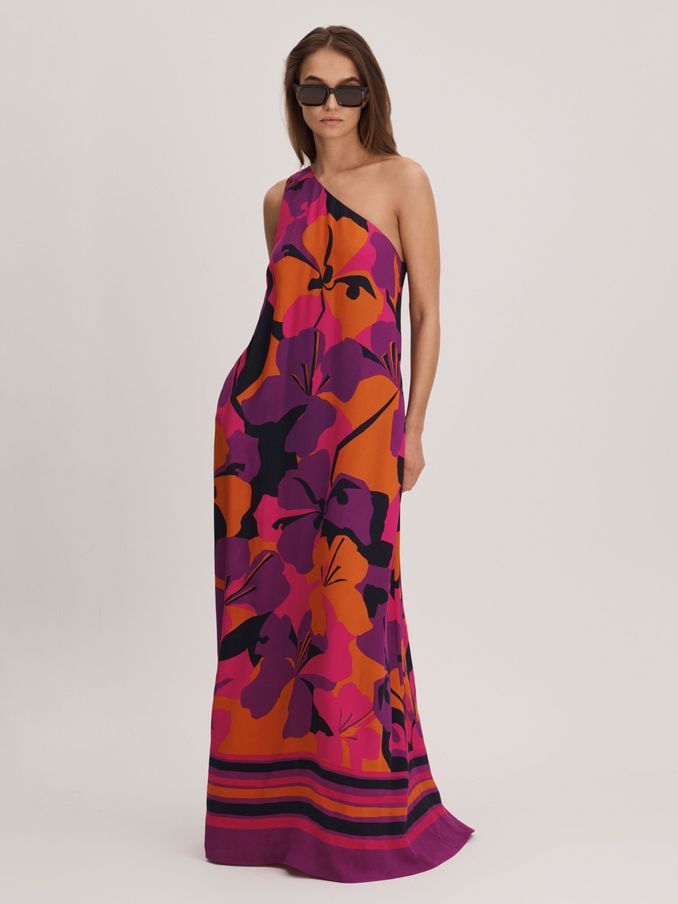 Florere Printed One-Shoulder Maxi Dress in Pink/Orange (K72518) | 516 SAR