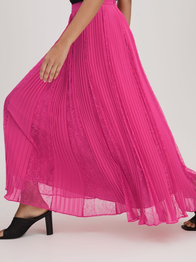 Florere Lace Pleated Midi Skirt in Bright Pink (K72522) | US$86